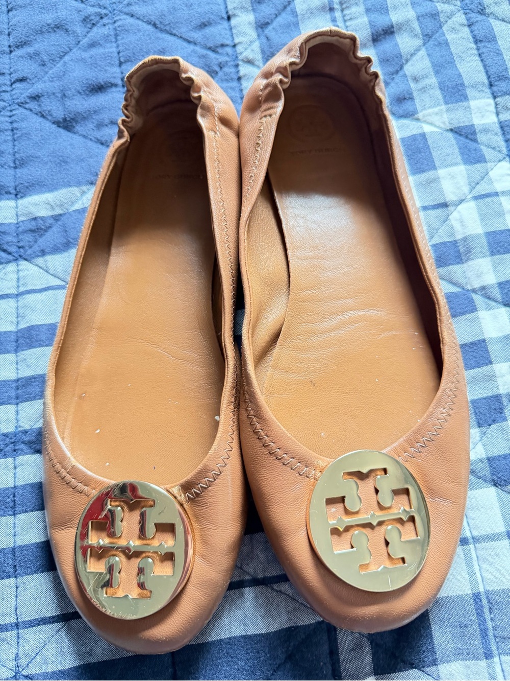 Tory Burch Tan Leather Logo Ballet Flats